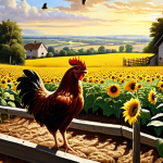 ** A realistic oil painting of a chicken gazing longingly at a flock of birds soaring through a vibrant, sunny sky over the French countryside. Fields of sunflowers and a traditional French farmhouse are visible in the background. The chicken is standing inside a fenced chicken coop, symbolizing confinement. Focus on the chicken's yearning expression.

**