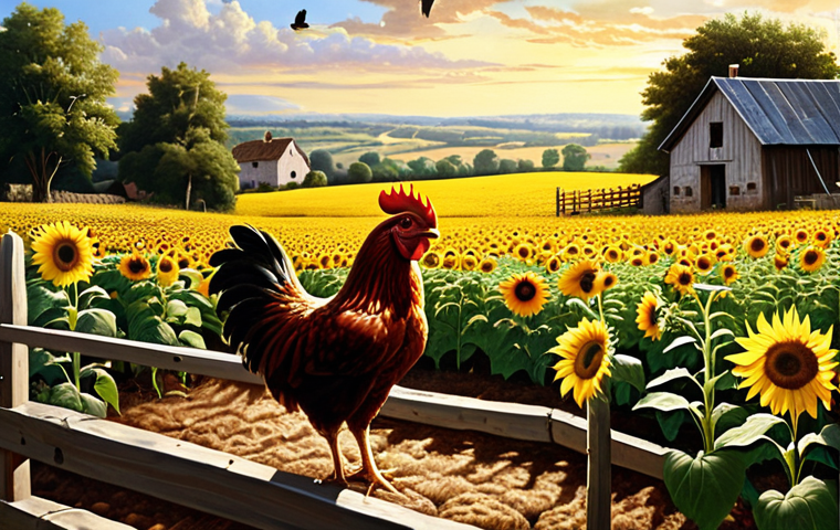 ** A realistic oil painting of a chicken gazing longingly at a flock of birds soaring through a vibrant, sunny sky over the French countryside. Fields of sunflowers and a traditional French farmhouse are visible in the background. The chicken is standing inside a fenced chicken coop, symbolizing confinement. Focus on the chicken's yearning expression.
**