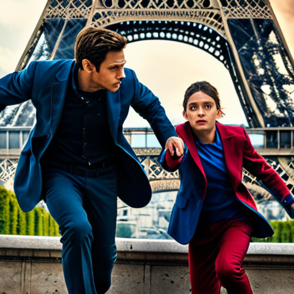"Exit" Movie Poster Style**

"A dynamic action scene reminiscent of the movie 'Exit', featuring two young protagonists scaling a Parisian building to escape a disaster, Eiffel Tower in the background, vibrant colors, dramatic lighting, fully clothed in practical attire, safe for work, appropriate content, professional, perfect anatomy, natural proportions, high resolution."

**