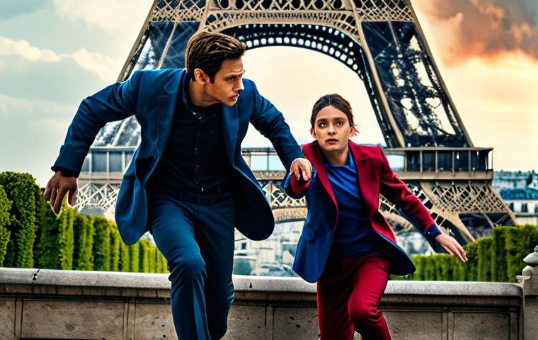 "Exit" Movie Poster Style**

"A dynamic action scene reminiscent of the movie 'Exit', featuring two young protagonists scaling a Parisian building to escape a disaster, Eiffel Tower in the background, vibrant colors, dramatic lighting, fully clothed in practical attire, safe for work, appropriate content, professional, perfect anatomy, natural proportions, high resolution."

**