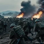 영화  태극기 휘날리며 의 역사적 배경 - **Prompt:** A wide, cinematic shot of an intense Korean War battlefield at dawn. Thousands of South ...