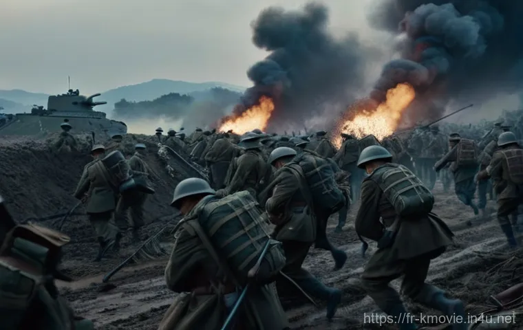 영화  태극기 휘날리며 의 역사적 배경 - **Prompt:** A wide, cinematic shot of an intense Korean War battlefield at dawn. Thousands of South ...