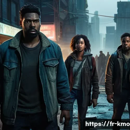 부산행  속 세계관과 스핀오프 - A tense post-apocalyptic urban scene featuring diverse survivors in worn but intact clothing, cautio...