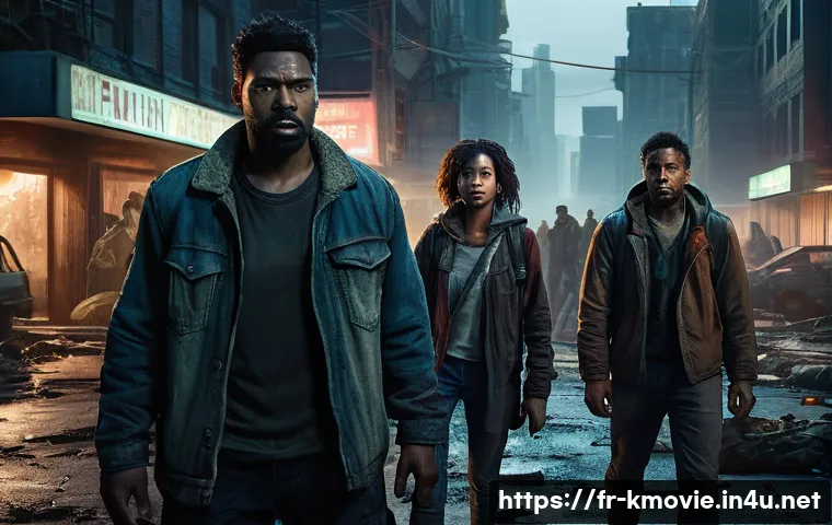 부산행  속 세계관과 스핀오프 - A tense post-apocalyptic urban scene featuring diverse survivors in worn but intact clothing, cautio...