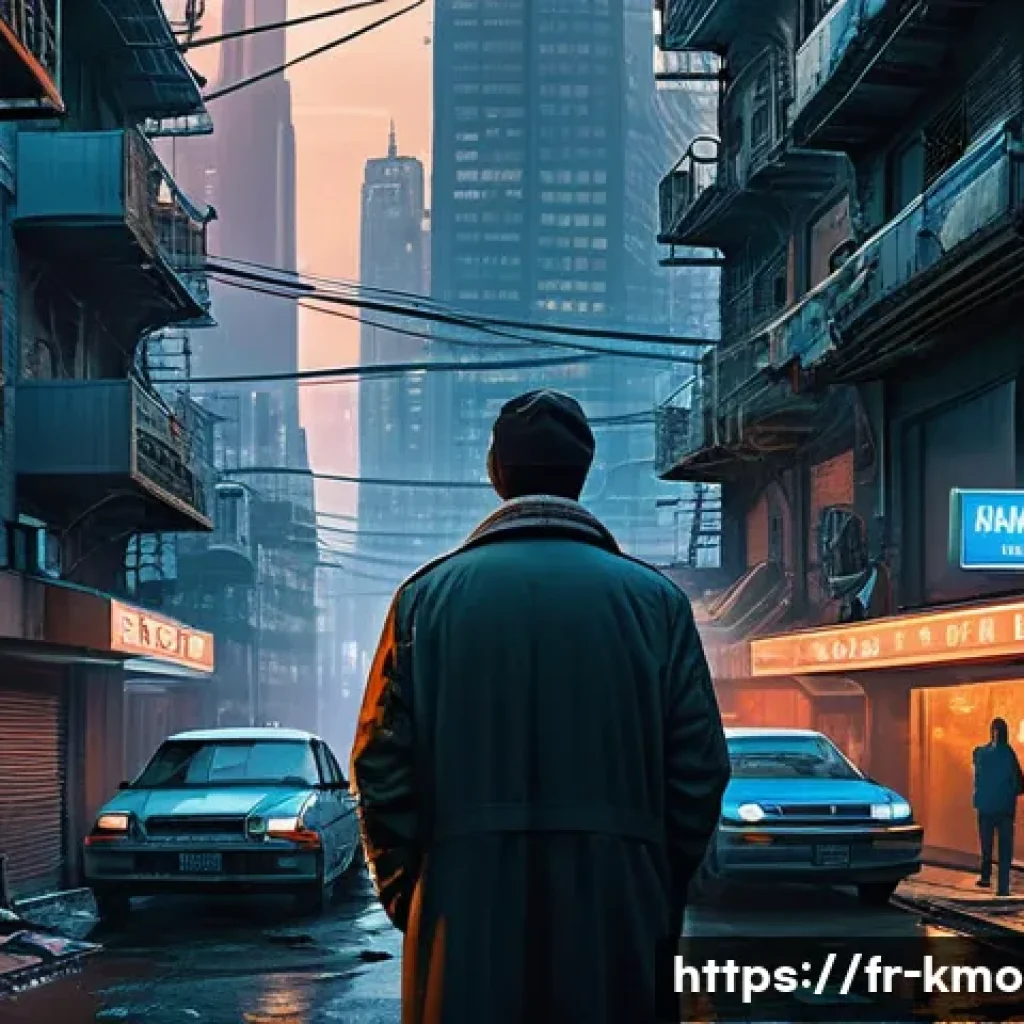 정이 감독 연상호의 스타일 분석 - A futuristic dystopian cityscape at twilight, blending cold metallic blues and warm orange glows fro...
