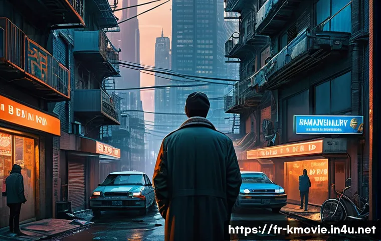 정이  감독 연상호의 스타일 분석 - A futuristic dystopian cityscape at twilight, blending cold metallic blues and warm orange glows fro...