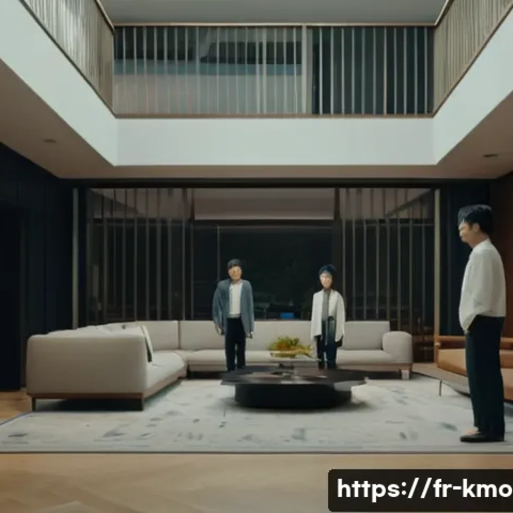 봉준호 감독 작품 세계 - A detailed cinematic scene inspired by "Parasite," depicting a modern, upscale South Korean home int...