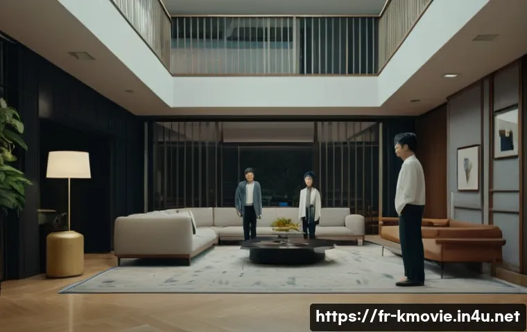 봉준호 감독 작품 세계 - A detailed cinematic scene inspired by "Parasite," depicting a modern, upscale South Korean home int...