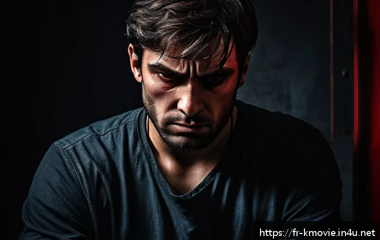 영화  올드보이  스토리 해석 - A deeply emotional portrait of a male hero trapped in a dark, oppressive room, his face showing inte...