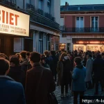 Home 19 기생충 관객수와 흥행 분석 - A lively French neighborhood cinema at dusk, with a diverse crowd of young adults and film enthusias...