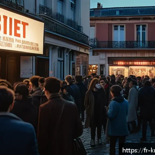 Home 31 기생충 관객수와 흥행 분석 - A lively French neighborhood cinema at dusk, with a diverse crowd of young adults and film enthusias...