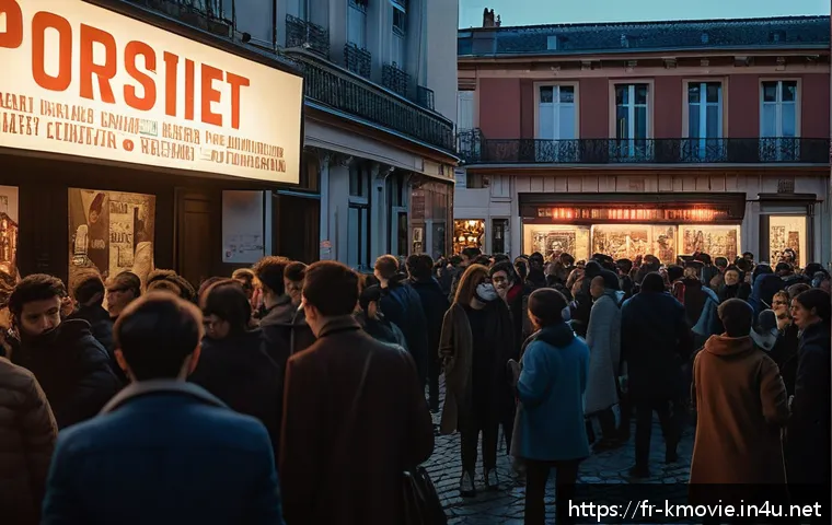 기생충  관객수와 흥행 분석 - A lively French neighborhood cinema at dusk, with a diverse crowd of young adults and film enthusias...