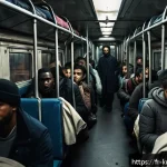 Home 23 부산행 좀비 영화 스토리 - A tense and claustrophobic scene inside a dimly lit, cramped train carriage filled with diverse adul...