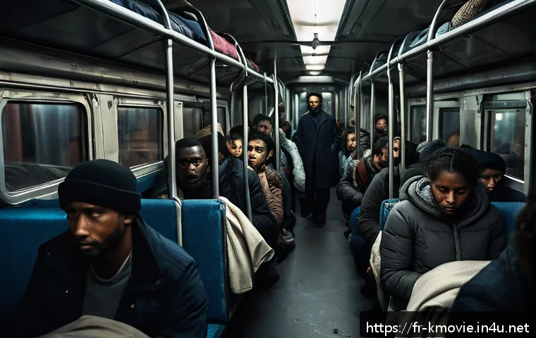 부산행  좀비 영화 스토리 - A tense and claustrophobic scene inside a dimly lit, cramped train carriage filled with diverse adul...